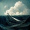 Broken ship floating on ocean oil painting