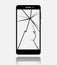 Broken smartphone with cracked touch screen, cell phone flat icon pictogram with reflection and shadow isolated on white