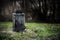 Broken stone cross, weathered gravestone on an old abandoned cemetery, concept for transience or gloomy halloween background with