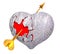 Broken stone heart with red inside it, and Cupid`s arrow, 3d re