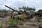 Broken tanks, combat vehicles and other burnt military equipment of the Russian invaders in Irpin,The russian