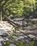 A broken tree trunk on the middle of a river.