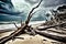 broken trees and fallen branches in hurricane aftermath on beach