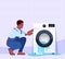 Broken washing machine and professional repairman semi flat vector illustration