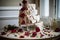 broken wedding cake with cascading icing and rose petals