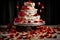 broken wedding cake with cascading icing and rose petals