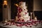 broken wedding cake with cascading icing and rose petals