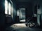 A broken wheelchair in an empty hallway. A wheelchair sitting in a dark hallway next to a window