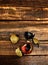 Broken Xmas ball with glass shards on wooden table