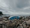 Broken Yacht on the rocks after Storm, Shipwreck sisaster in the sea