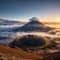 Bromo volcano mountain at sunrise in East Java, Indonesia surrounded by morning fog made with Generative AI