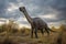 Brontosaurus wide angle view full body portrait at summer day light, neural network generated photorealistic image