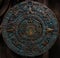Bronze ancient antique classical Aztec calendar round ornament pattern decoration design background. Aztec abstract texture fracta