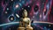 Bronze Buddha statue on background of futuristic cosmic animation. AI generated video