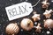 Bronze Christmas Balls, Snowflakes, Text Relax