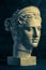 Bronze color gypsum copy ancient statue Diana head goddess of nature and hunting for artists on dark background