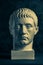 Bronze color gypsum copy of ancient statue of Germanicus Julius Caesar head for artists on black background. Renaissance