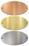 Bronze, gold and silver oval metal plates 3d illustration set isolated with clipping path included