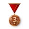 Bronze Medal Vector. Metal Realistic Third Placement Achievement. Round Medal With Red Ribbon, Relief Detail Of Laurel