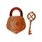 Bronze metal color padlock with retro key, house equipment