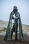 Bronze Sculpture of King Arthur Stands In Tintagel Castle Cornwall UK July 8 2020