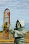 Bronze statue of Benedictine monk at roundabout, Trizay, France