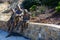 Bronze statue of a grandfather and children sitting on a rock wall