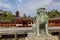 Bronze statue of Komainu traditional japanese guardian lion dog, in Itsukushima Shrine in Japan.