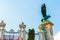 The bronze statue of the mythological Turul bird at the gate of