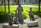 Bronze statues in Alba Carolina Citadel square depicting Saint Anthony surrounded by six children.