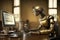 Bronze steampunk robot works at a computer
