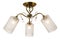 A bronze three-lamp ceiling lamp with frosted glass shades in the form of an elongated triangular prism with an ornament that chan