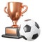 Bronze trophy cup and soccer ball or football on white isolated background . Embedded clipping paths . 3D rendering