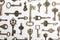 Bronze vintage ornate keys on white background