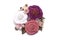 Brooch handmade consisting from of white, pink and lilac flowers making from cloth