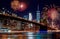 Brooklyn Bridge at dusk in New York City Colorful and vibrant fireworks