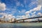 Brooklyn bridge, Hudson river and the island of Manhattan, New York skyline USA