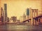 Brooklyn Bridge and Lower Manhattan  in New York City, United States. Photo in retro style. Added paper texture