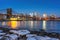 Brooklyn bridge and Manhattan at winter dawn