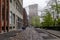 Brooklyn Bridge near Empire Fulton Ferry State Park at foggy spring day