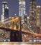 Brooklyn Bridge at night  color toned picture  New York City  USA