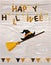 Broom with hat of a witch with flags and Letters and an inscription of a happy Halloween hang on clothespins on a rope. Vector on