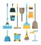 Broom and mops. Hygiene room housework supply household equipment for cleaning handle brooms vector cartoon pictures
