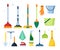 Broom pictures. hygiene cleaning service items domestic tools brushes plastic buckets towels sweeping vector supplies