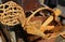 broom of sorghum, carpet beater and wicker containers