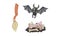 Broomstick, Heap of Bones and Flying Vampire Bat as Halloween Holiday Symbol Vector Set