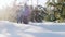 Brother plays with his younger sister in a snow-covered forest