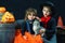 Brother and sister on Halloween. Funny kids in carnival costumes on dark background .