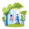 Brother and Sister Swinging on Swing Flat Cartoon