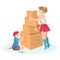 Brother and sister together play cardboard castle, creative character female male plaything cartoon vector illustration